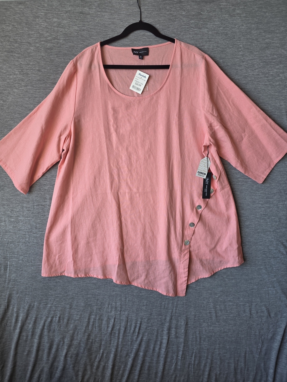 NWT JNY Jones New York Linen Blend Tunic Top Women's 2X Pink Button Detail